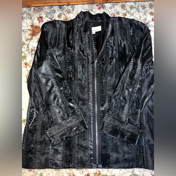 Caroline Rose Black Textured Jacket with Rhinestone Zipper - Picture 5 of 11